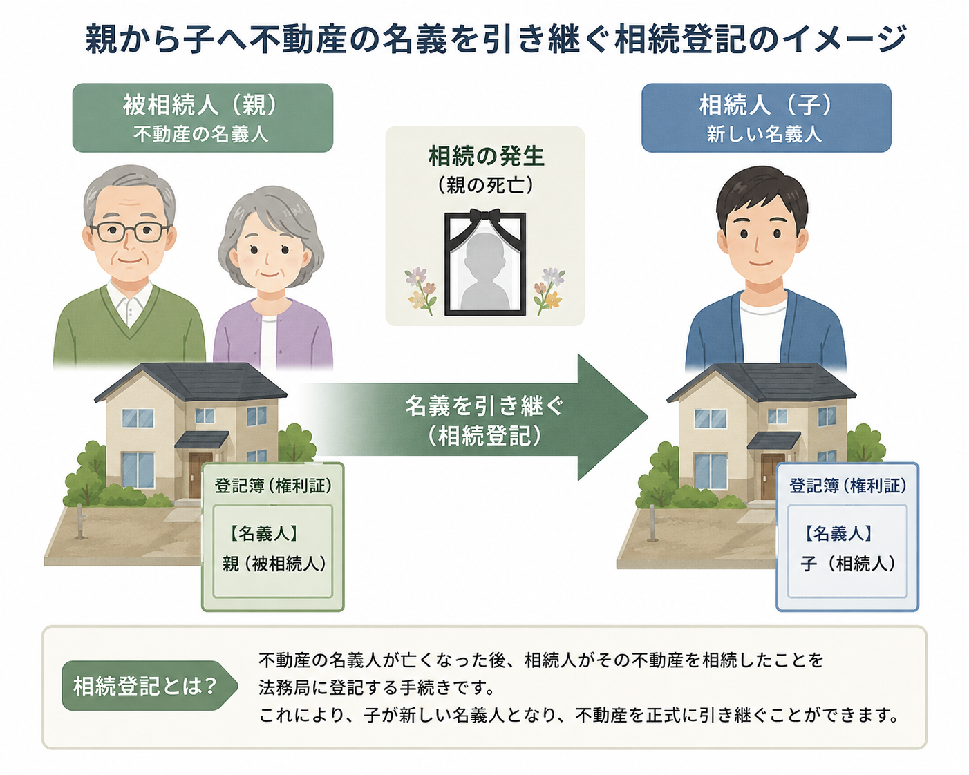 親から子へ不動産の名義を引き継ぐ相続登記のイメージ