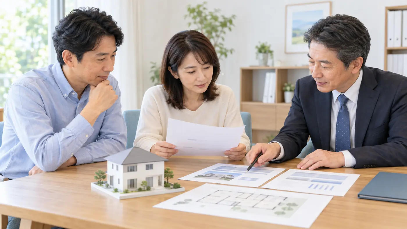 住宅模型と査定資料を前に、相続不動産の価格を担当者と確認する家族