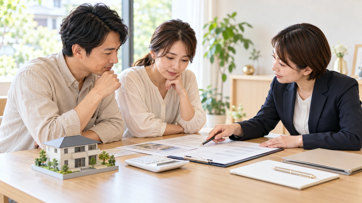 住宅模型や電卓を置いたテーブルで、家の査定資料と住宅ローンの書類を確認する相談者と担当者のイメージ