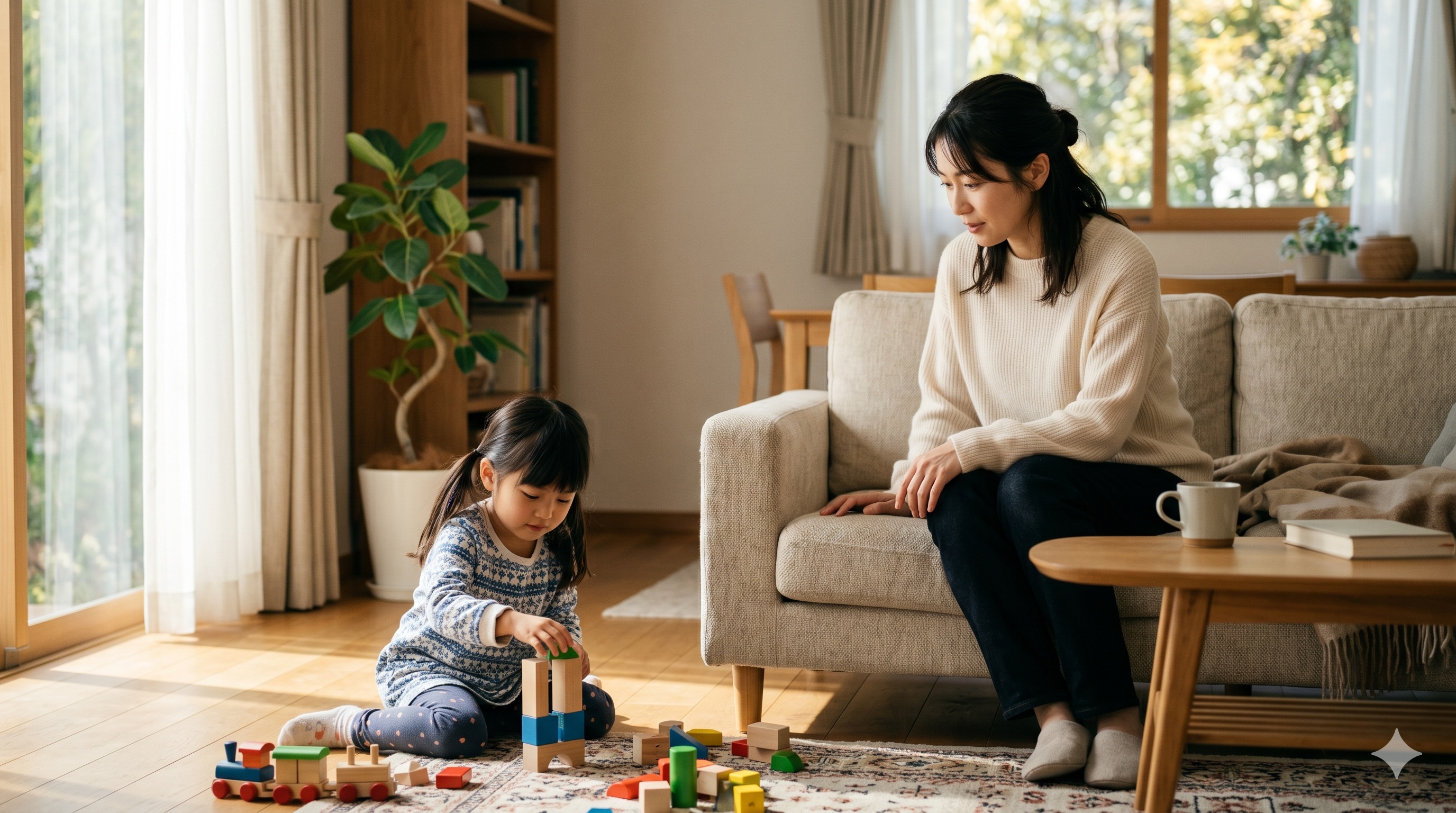 5歳の子どもと向き合い、離婚後の住まいを考える30代女性のイメージ