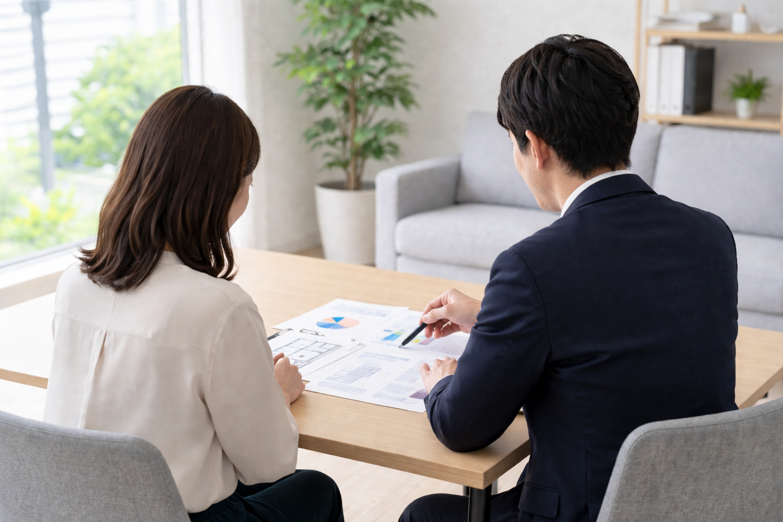 不動産スタッフが女性に契約書の内容を丁寧に説明している様子のイメージ