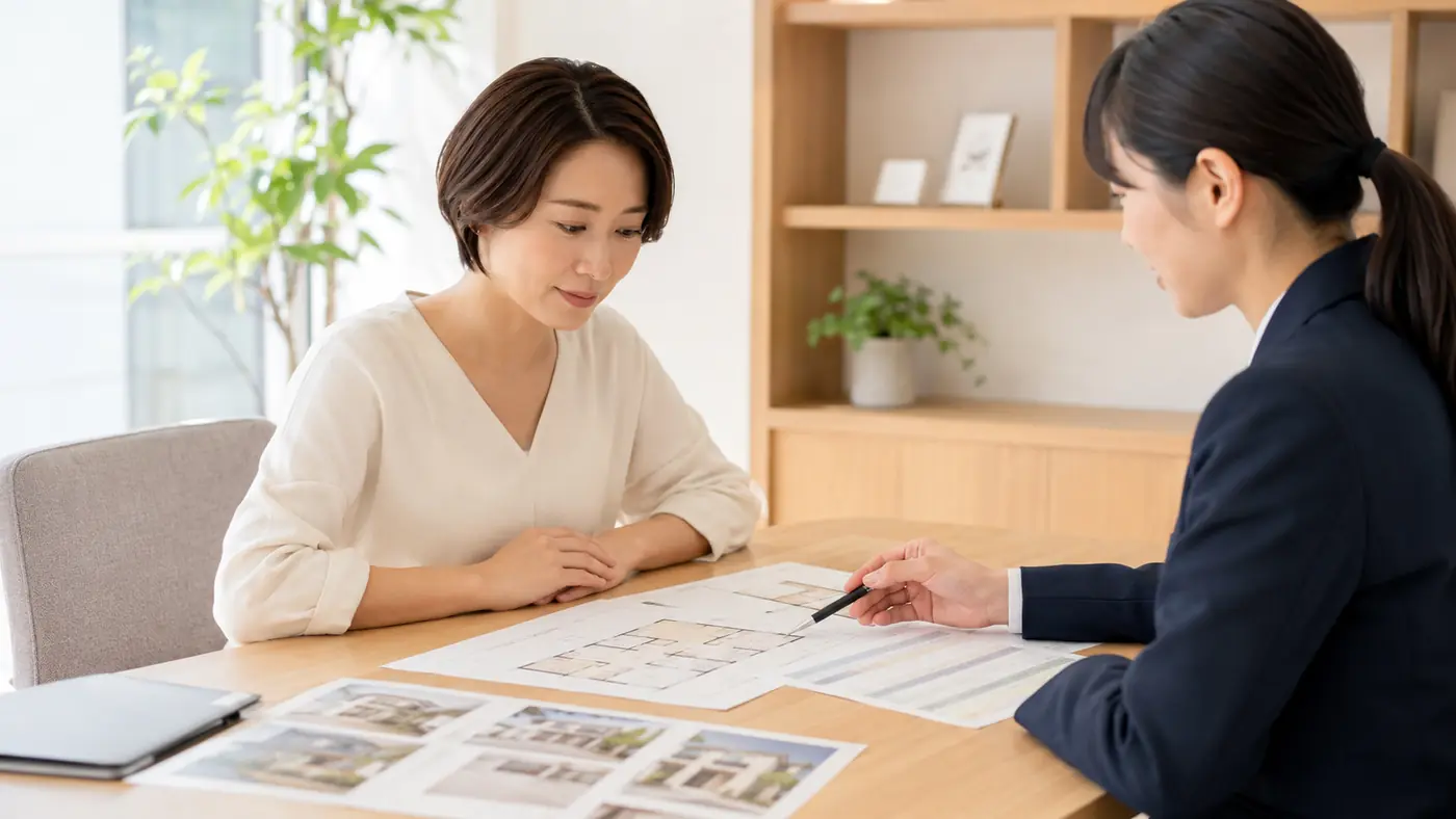 不動産担当者と離婚後の住まい・売却条件を整理する女性