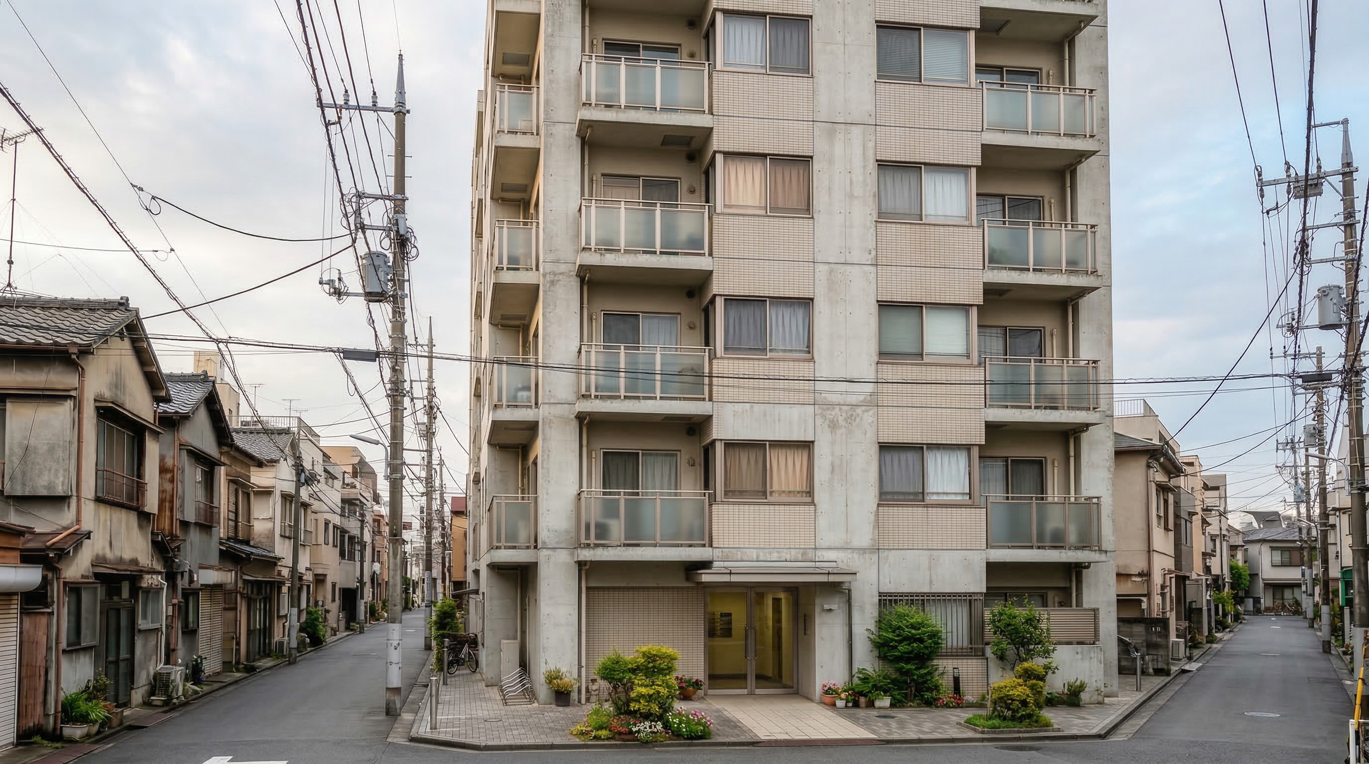 台東区の住宅街に建つマンション外観。離婚後に元夫が自己破産した場合の住まい問題を表すイメージ