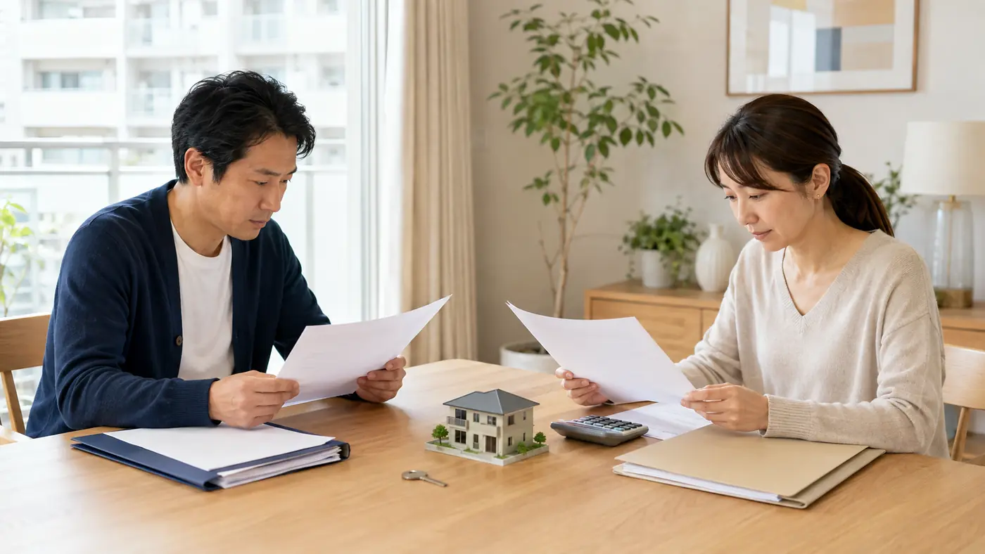 ペアローンで購入した家の住宅ローン書類を夫婦で確認するイメージ
