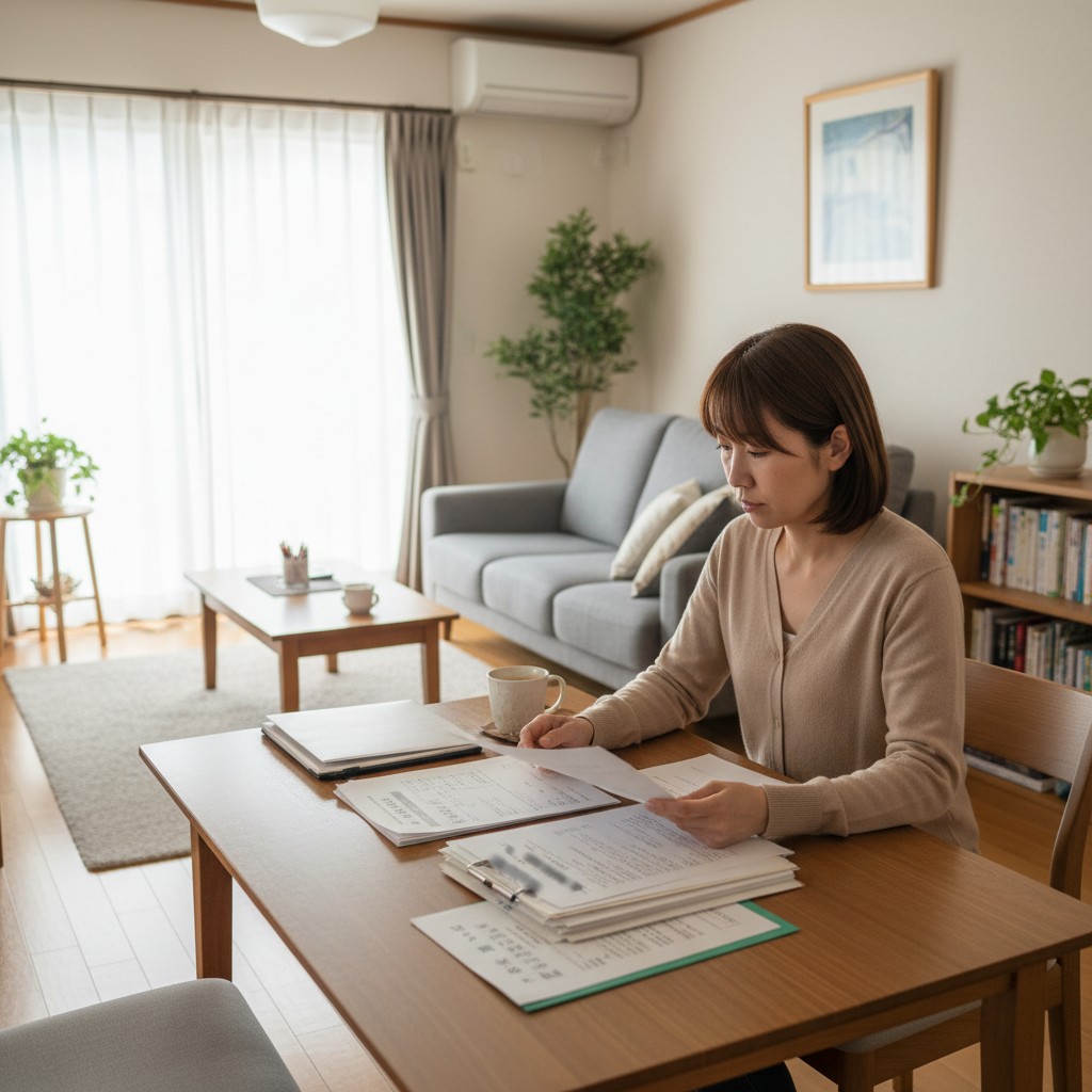 書類を見ながら住宅ローンと不動産の手続きを悩む女性のイメージ