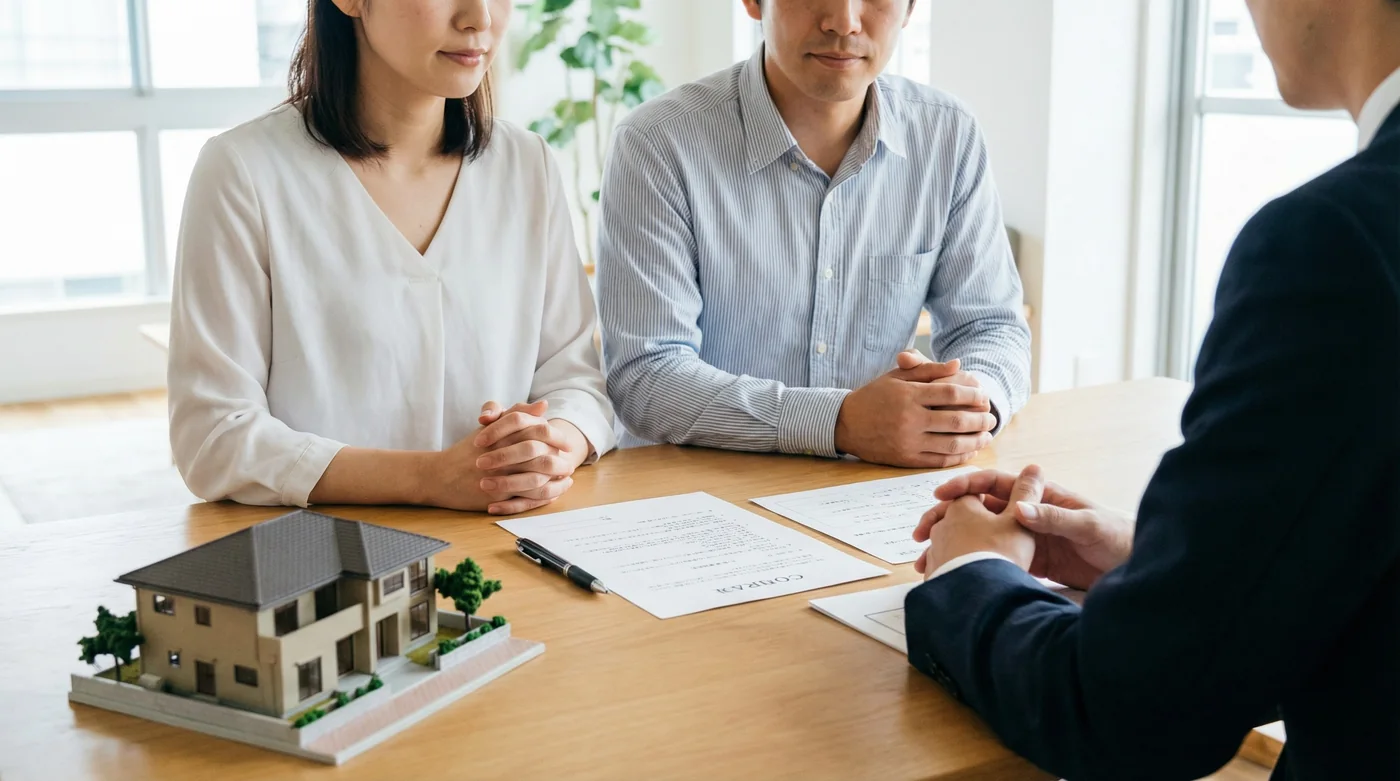 離婚時の不動産財産分与について不動産会社へ相談する夫婦のイメージ