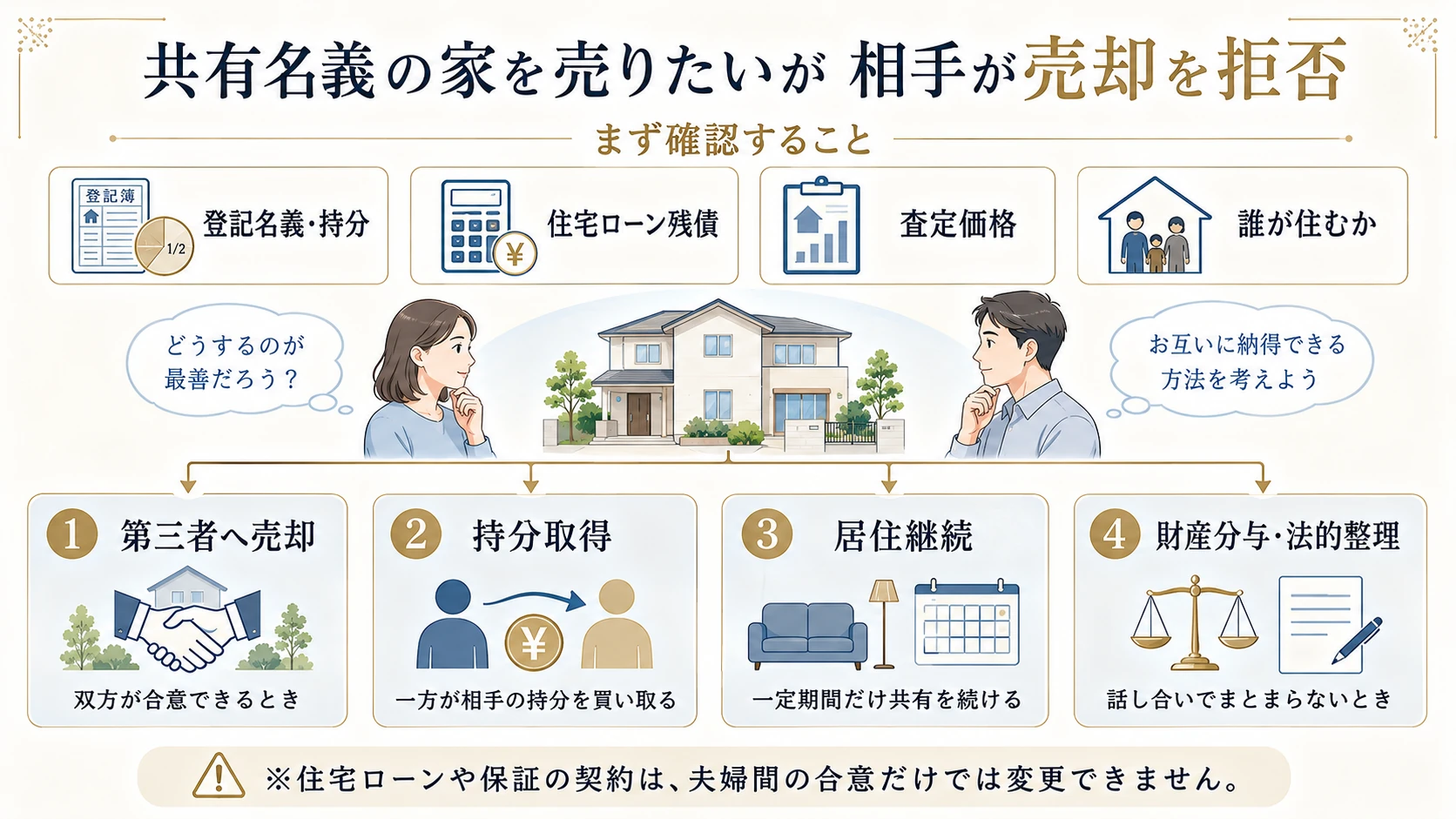 共有名義の家を売却拒否された場合に売却・持分取得・居住継続・財産分与を比較する流れ