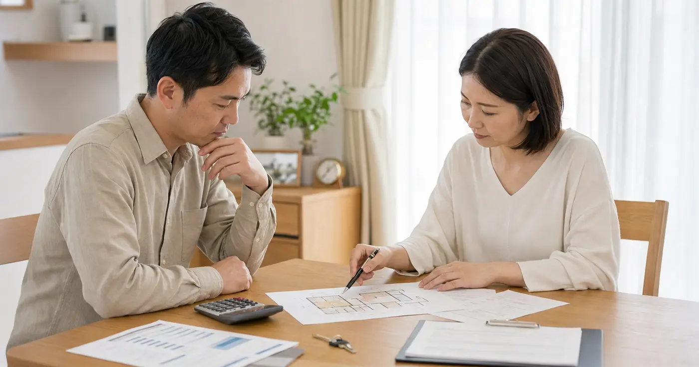 離婚時の家と住宅ローンについて夫婦が資料を確認する様子