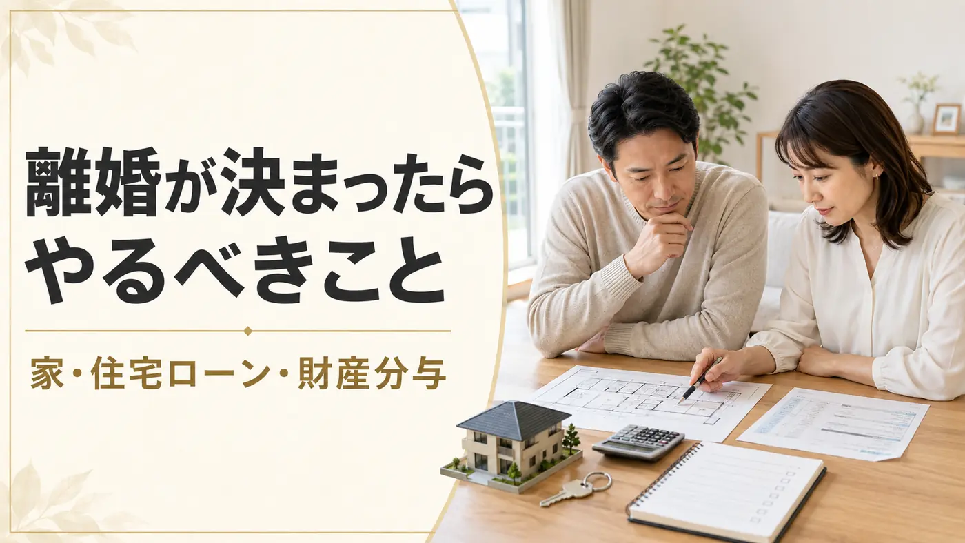 離婚が決まった後に家・住宅ローン・財産分与の資料を確認するイメージ
