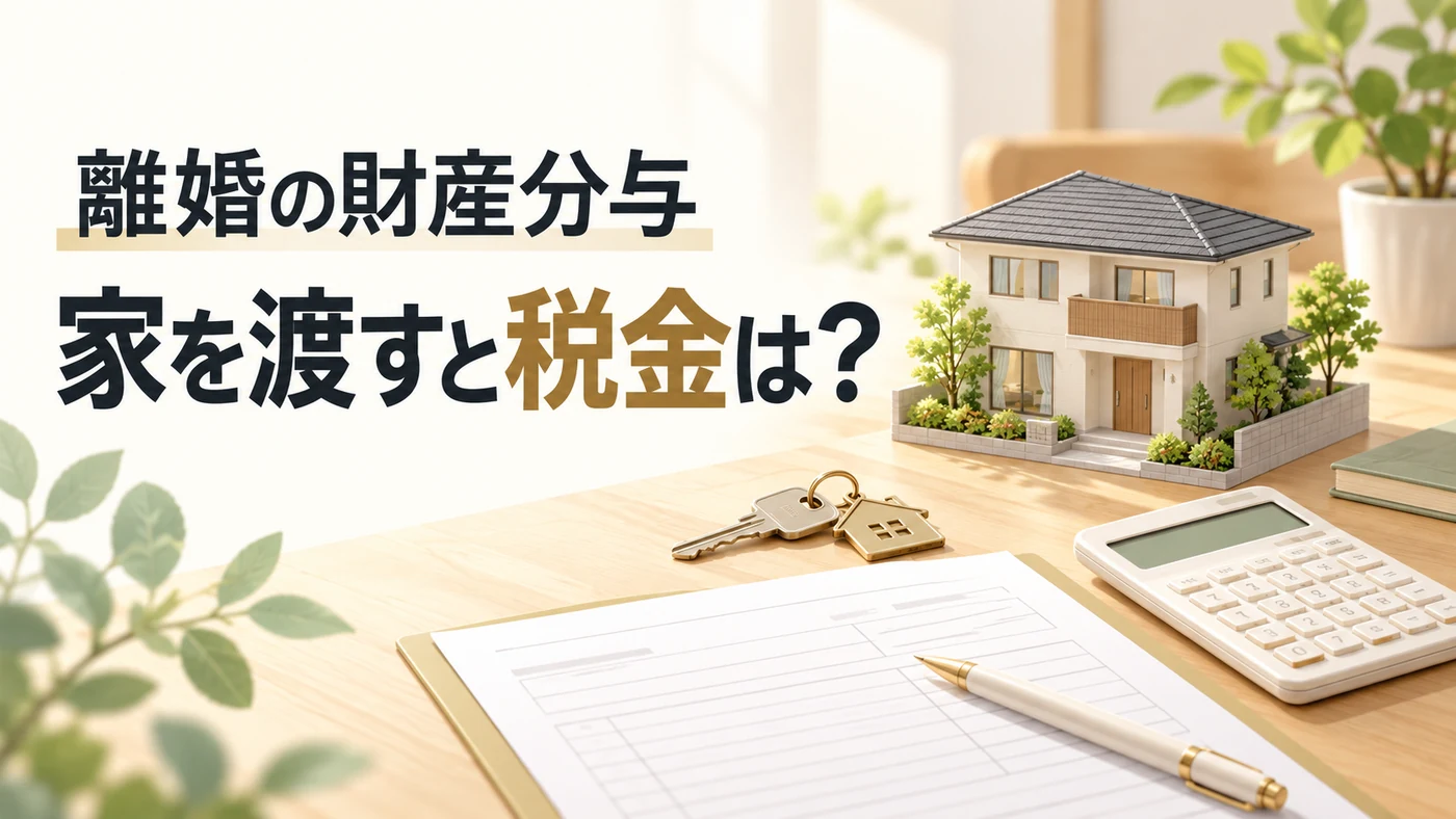 離婚の財産分与で家を渡すときの税金を表す住宅模型、電卓、書類のイメージ