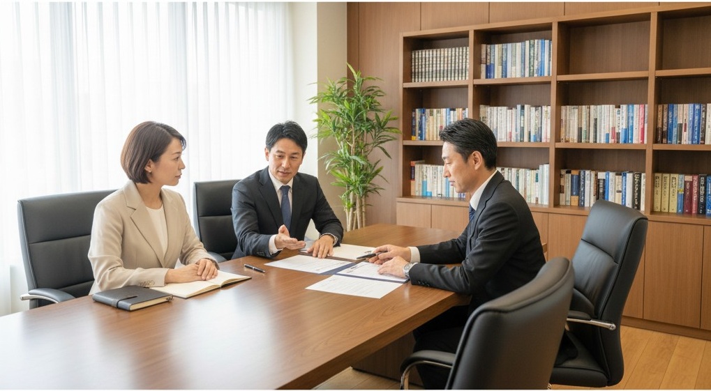 弁護士事務所で夫婦が弁護士と離婚に関する書類を確認している様子