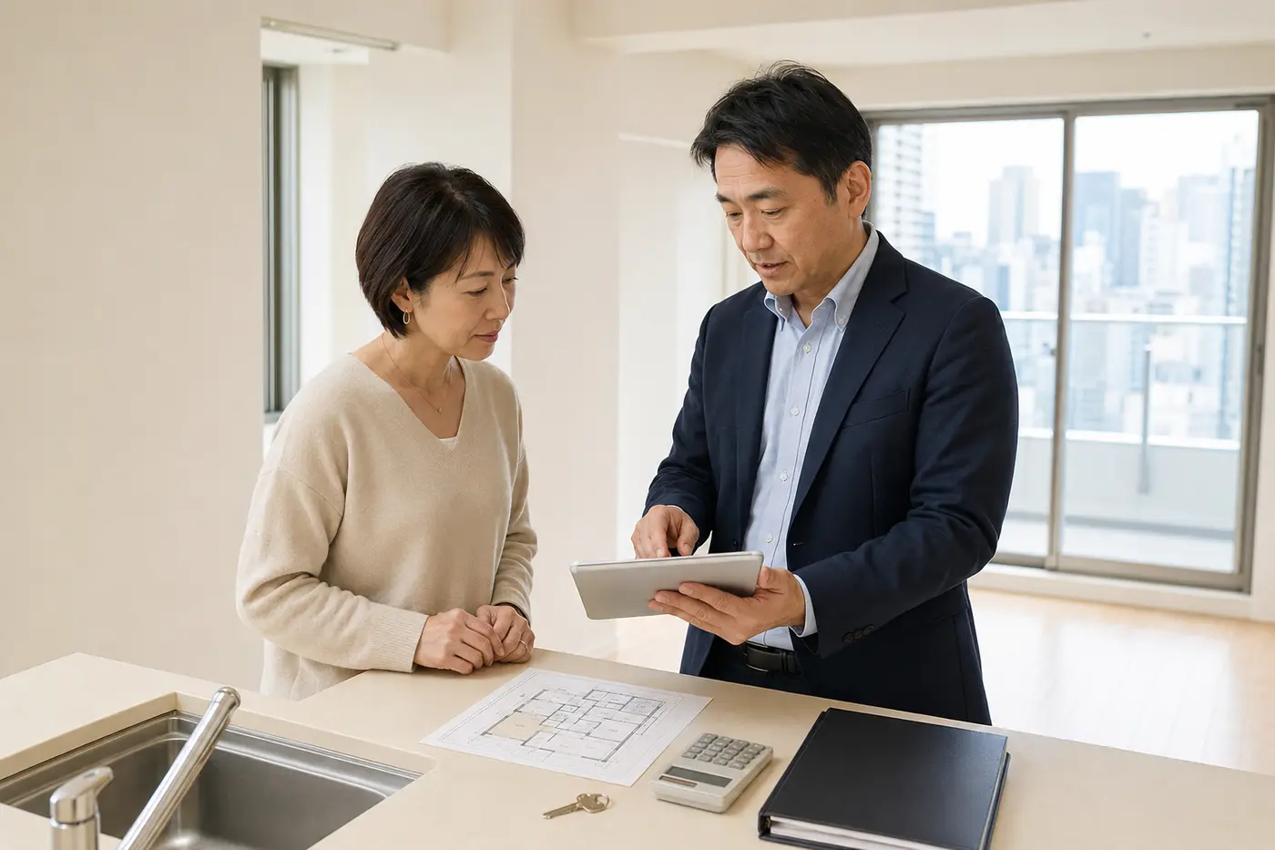 明るい空室で不動産担当者と査定価格・住宅ローン残債を確認する女性のイメージ