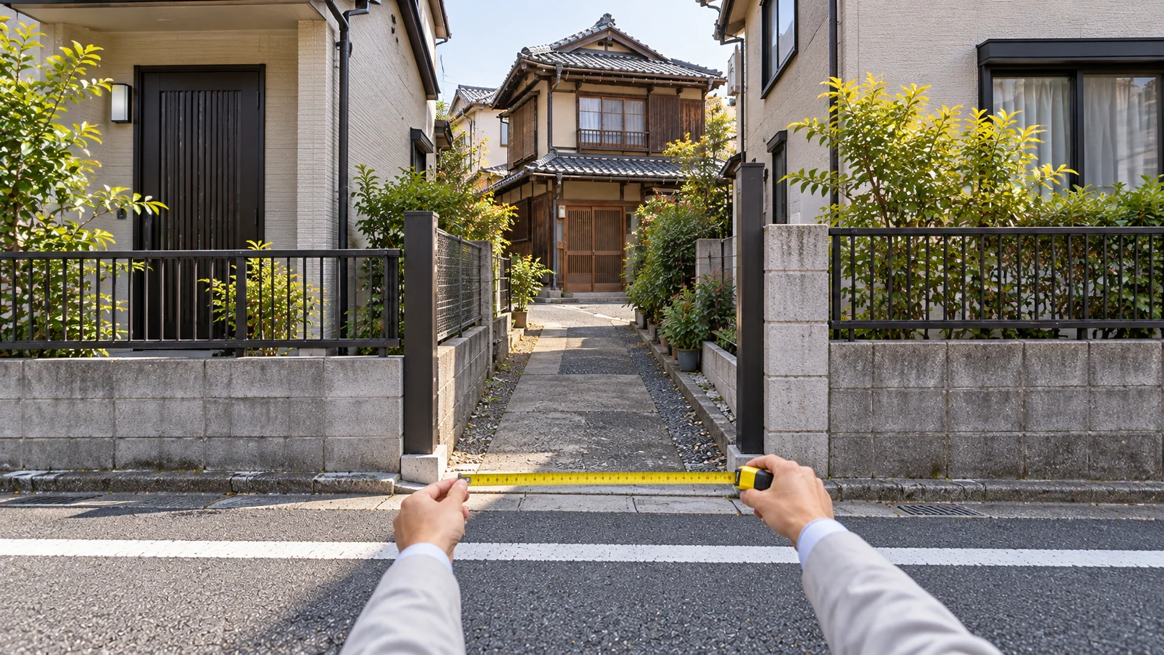 道路に接する細い敷地入口の接道間口を確認する様子のイメージ