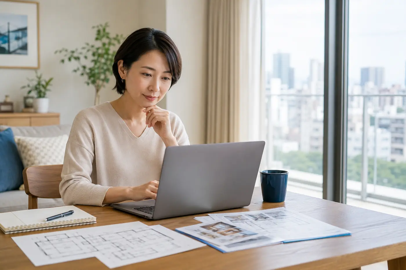 東京の自宅で不動産の机上査定を検討する女性