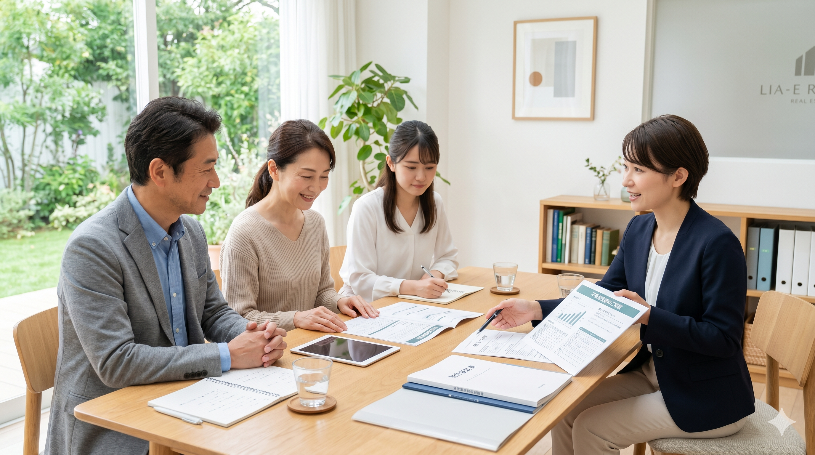 家族と専門家が成年後見に関係する不動産売却の進め方を話し合うイメージ