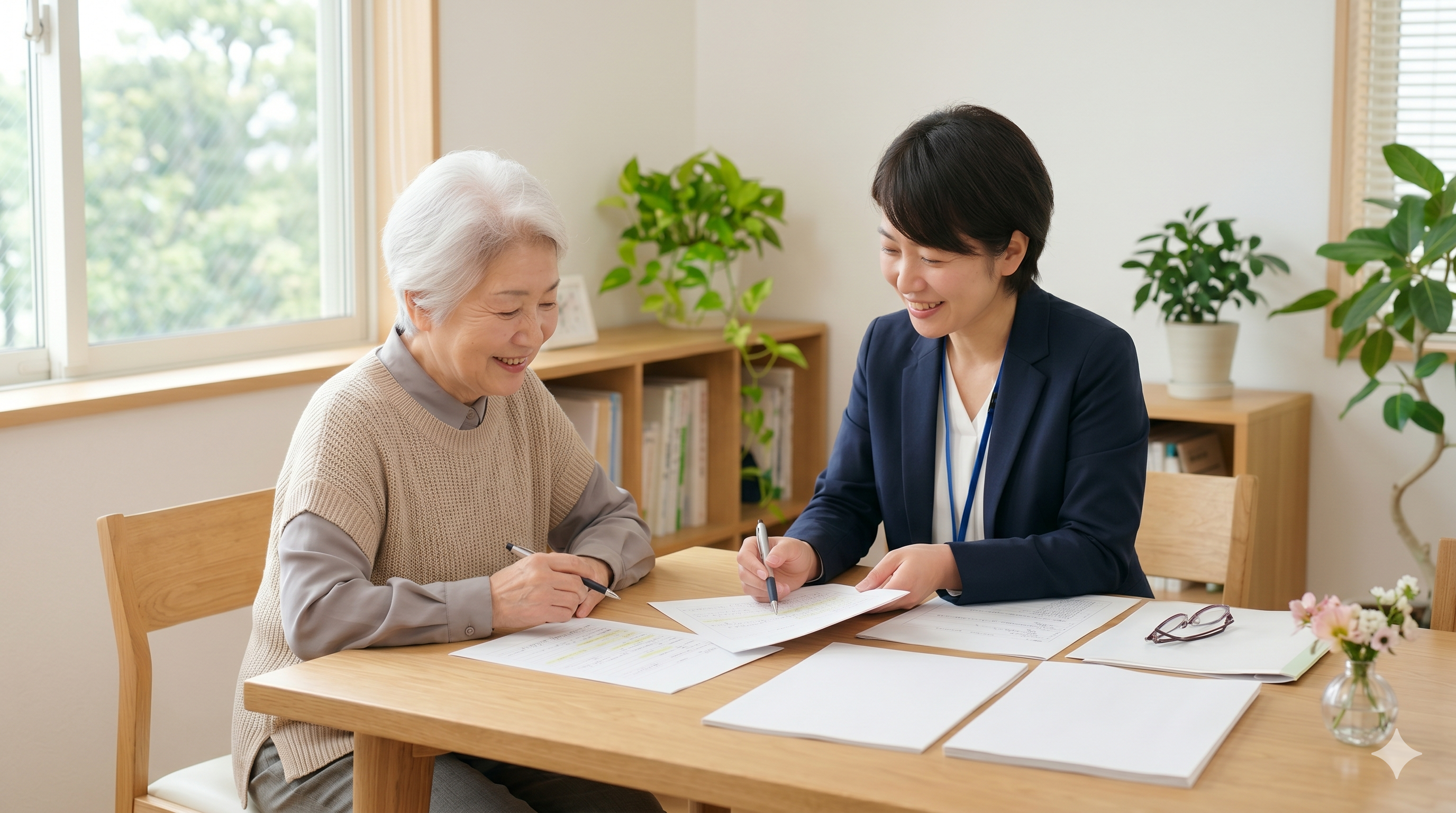 書類を確認しながら不動産売却の手続きを相談する後見人と高齢者のイメージ