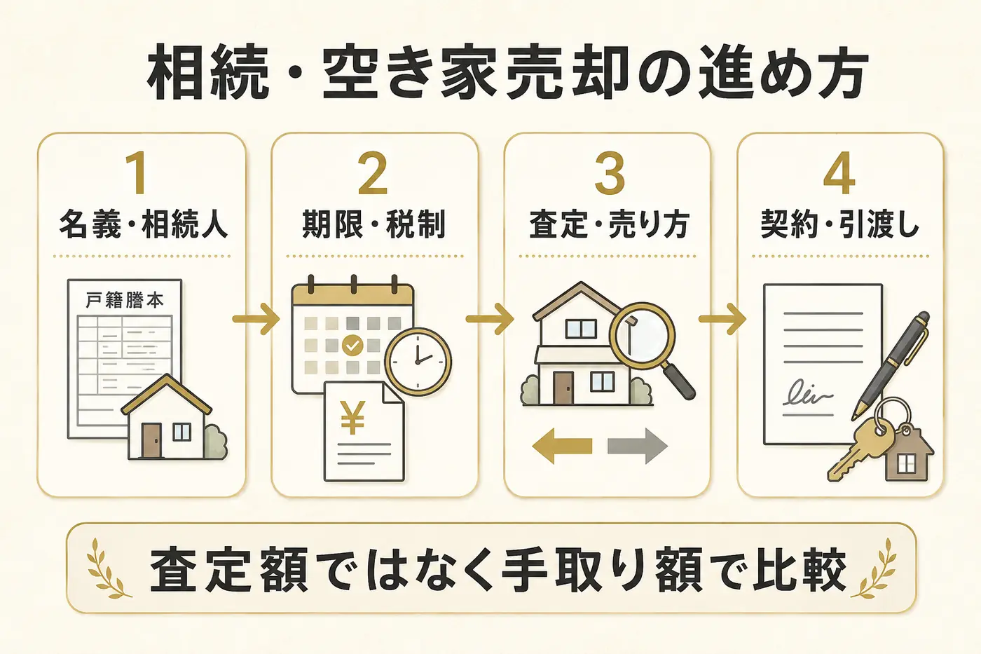 相続・空き家売却を名義・期限・査定・契約の4段階で示した図