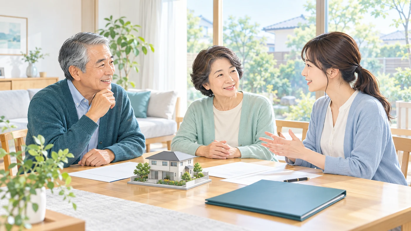 家の模型と資料を囲み、不動産相続の生前対策を相談する家族