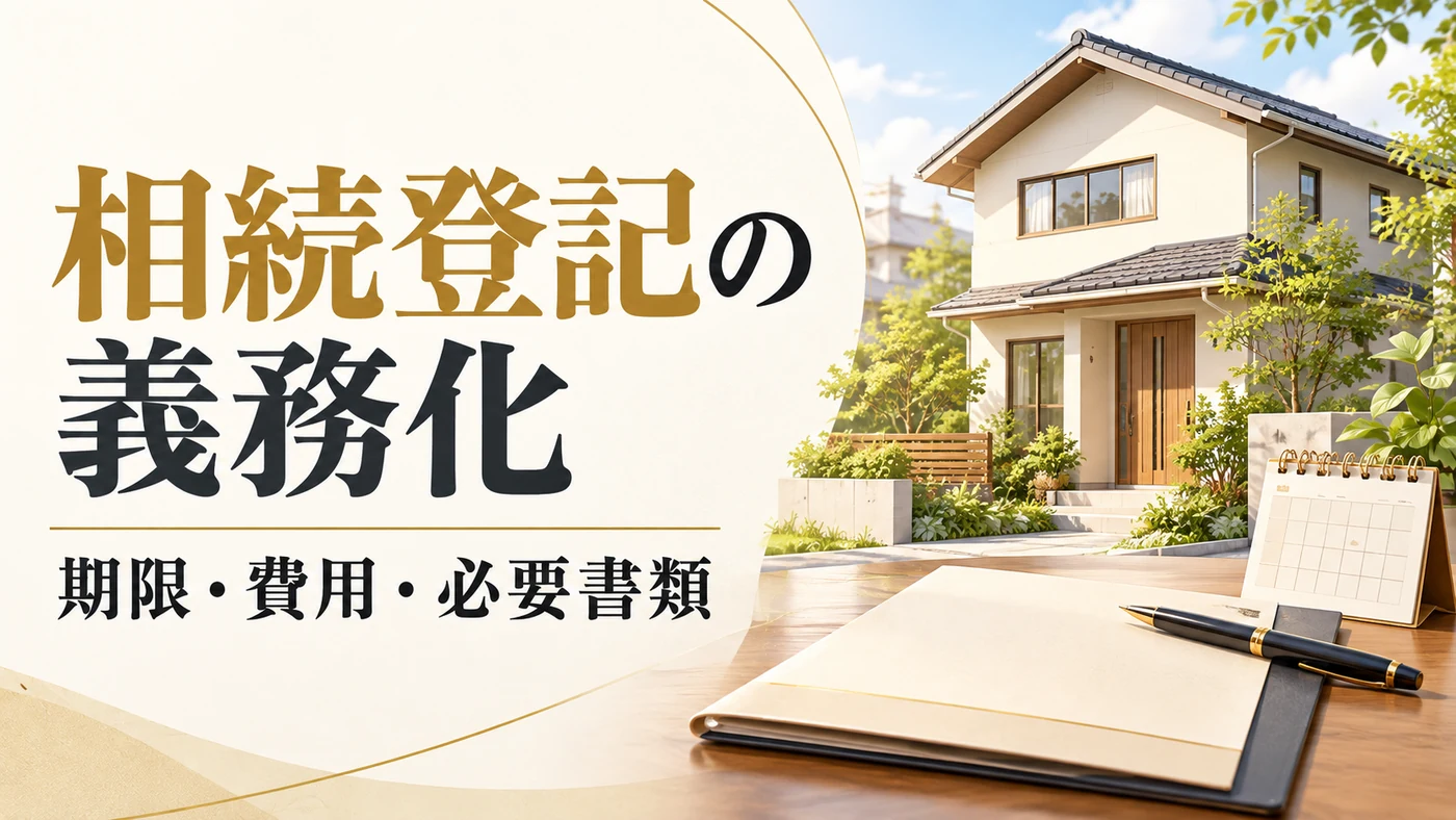 相続登記の義務化と期限・費用・必要書類を示す、住宅と書類のイラスト