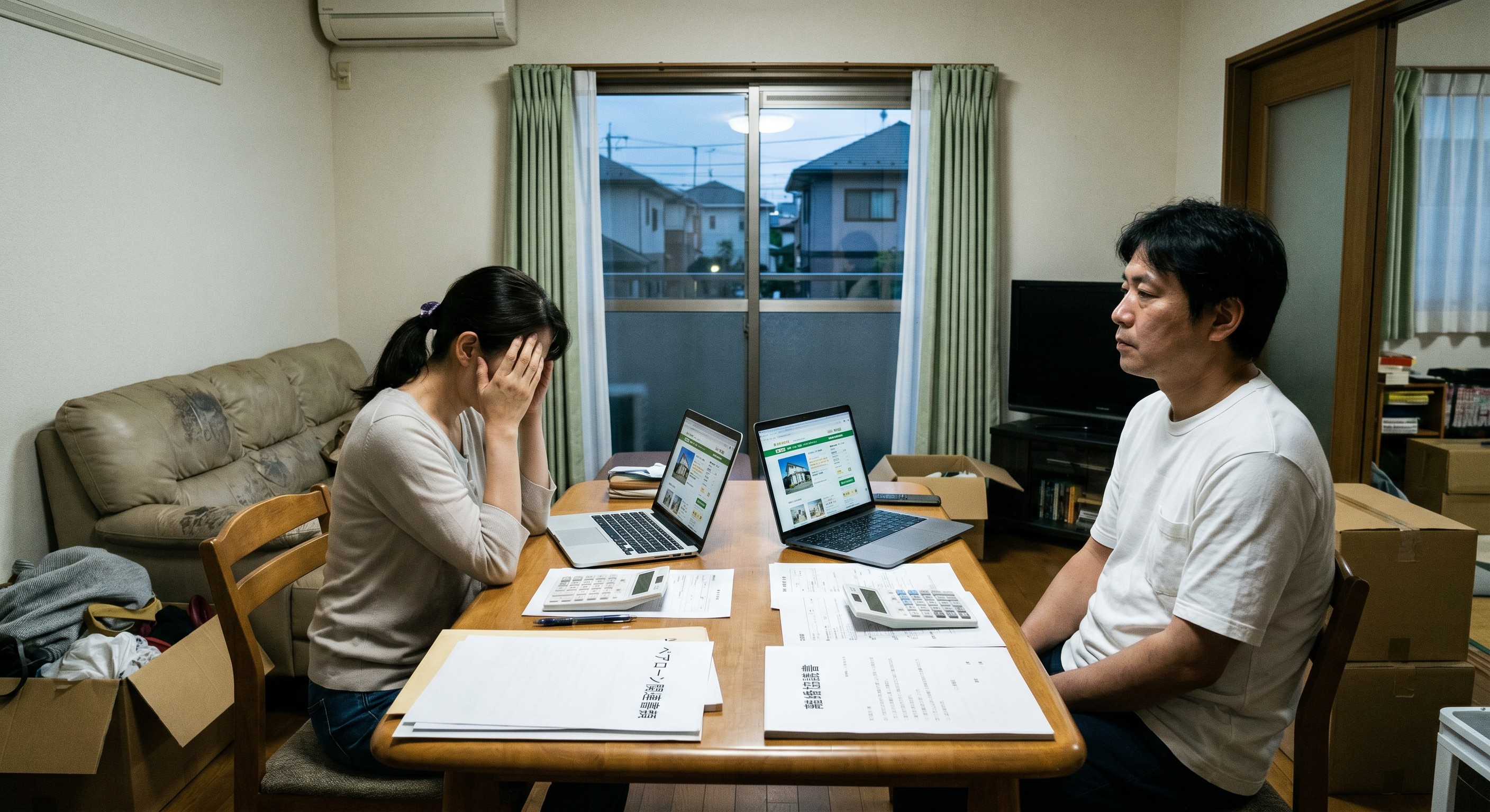ペアローンで購入した家と離婚後の住宅ローンについて考える夫婦のイメージ