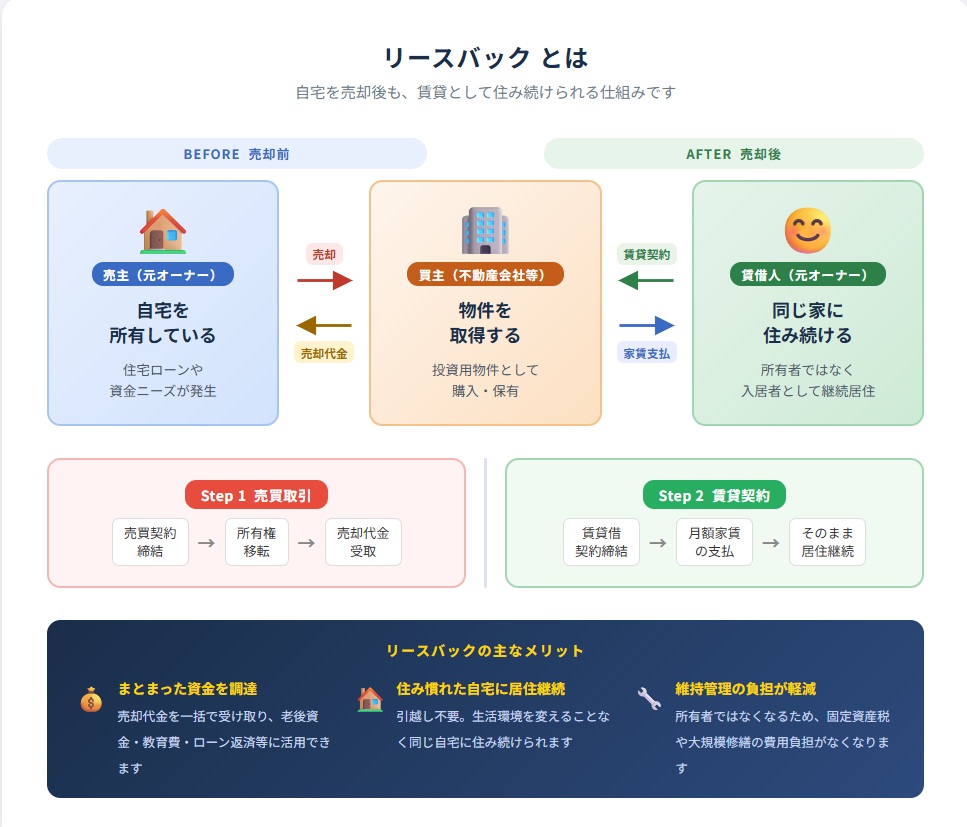 リースバックのイメージ図。自宅を売却した後も賃貸として住み続ける流れを表したイメージ