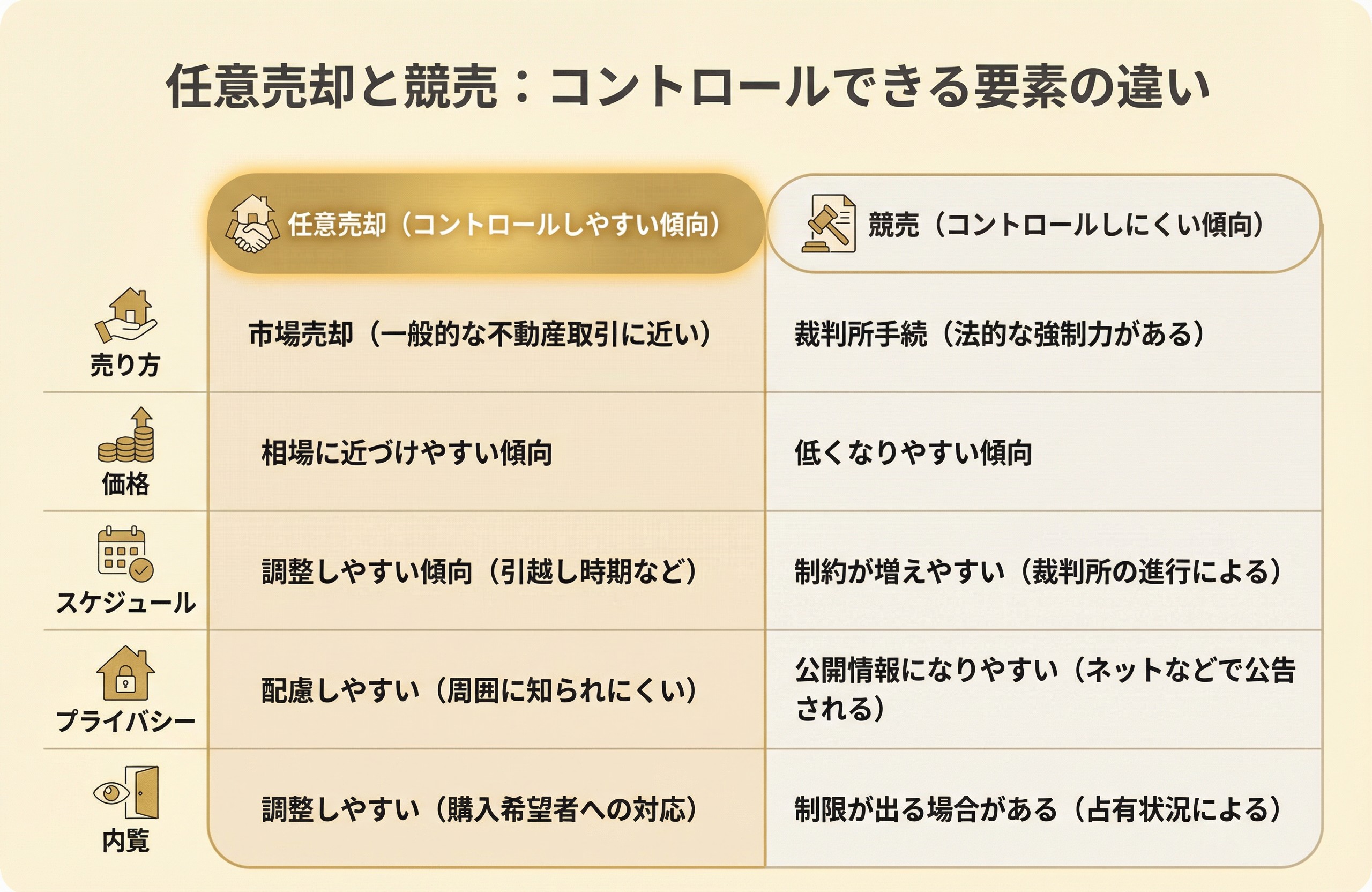 任意売却と競売の違い（価格・スケジュール・プライバシー）の比較表