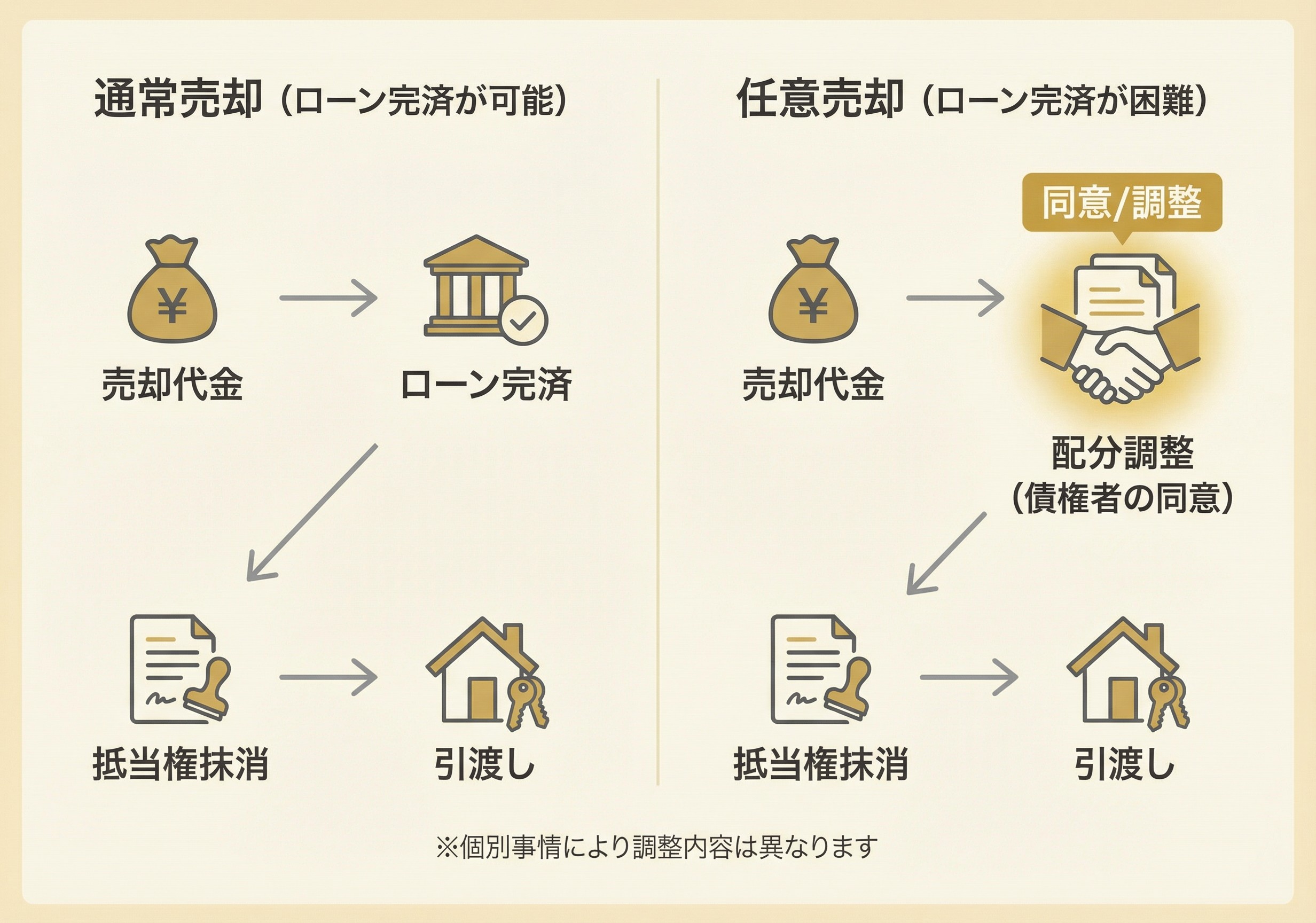 通常売却と任意売却の流れを比較した図（抵当権抹消までの違い）